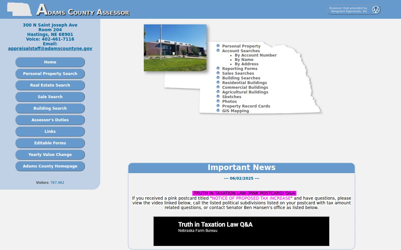 Nebraska street directory example of Adams County assessor address and parcel search routes