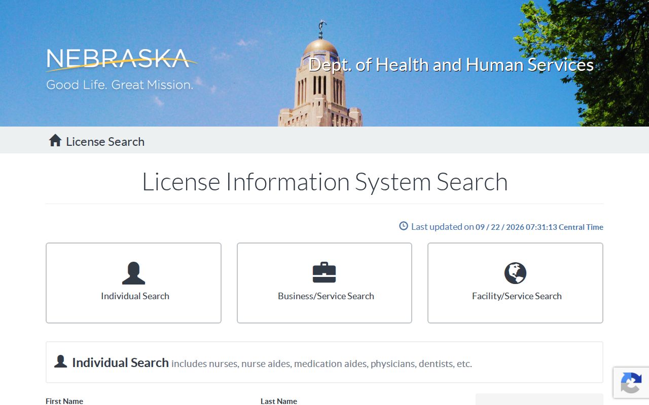 Nebraska resident lookup example of DHHS license information search fields