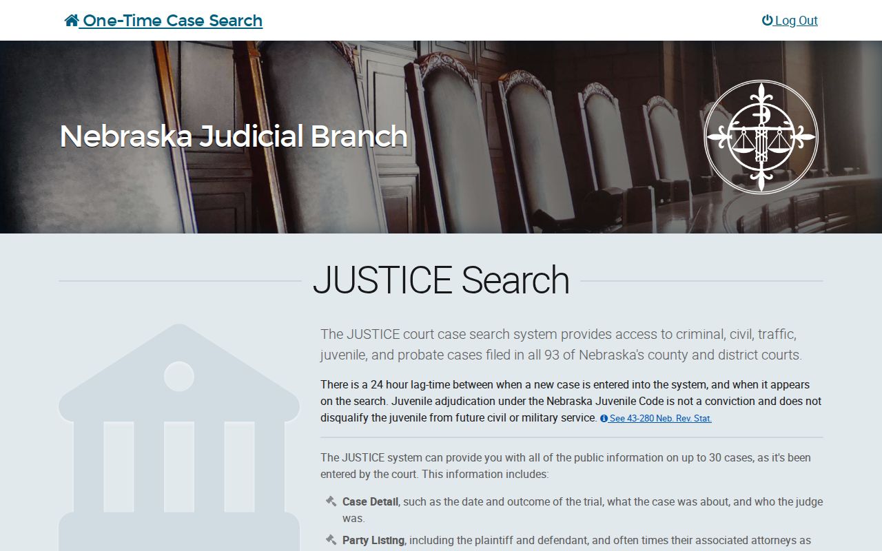 Nebraska resident lookup example of the JUSTICE one-time party name search