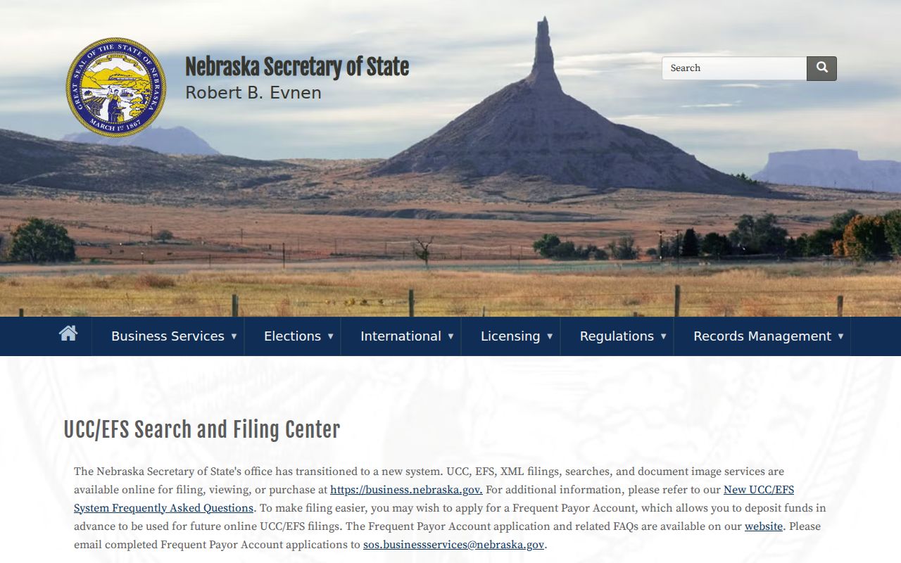 Nebraska resident lookup example of UCC and EFS business filing search types